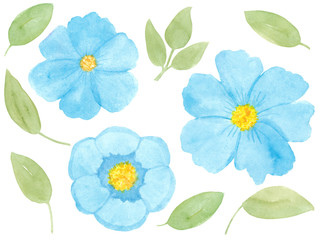 Watercolor hand drawn set with abstract blue flowers and green leaves isolated on white background. Good for wedding invitations, greeting cards, blogs, kids posters.