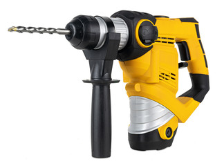 heavy yellow black  jack-hammer drilling drill machine hand tool isolated white background....