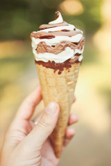 Chocolate ice cream in waffle horn