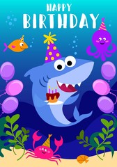 Fototapeta na wymiar Happy Birthday greeting card with shark, octopus, fish and cartoon sea elements. baby shark birthday greeting card template. Shark party vector illustration
