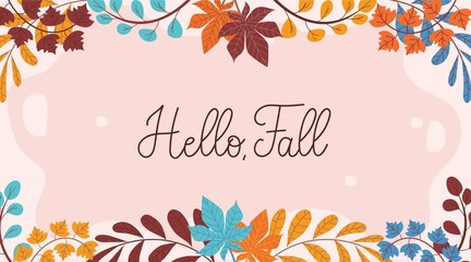 Autumn background with leaves and lettering hello fall. Fall vector background in trendy style. Seasonal banner or greeting card for autumn discounts, promotions or invitation. © Microstocker.Pro