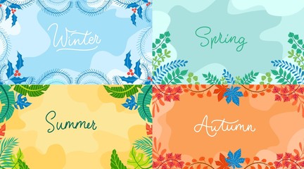 Seasonal backgrounds set in flat style. Winter, spring autumn summer with seasonal elements. Vector backgrounds collection.