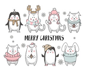 Merry Christmas greeting card with cute animal in scandinavian style. Cute winter animals isolated on white background. Minimalistic seasonal greeting card. Vector illustration