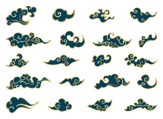 Chinese clouds vector collection blue and gold colors. Chinese clouds isolated on white background.