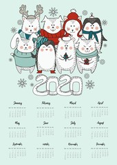 2020 new year cute greeting card with calendar. Animals in winter clothing in scandinavian style. Cute animals Christmas card. Vector illustration