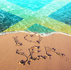 Beach sand, sea and flag Jamaica. I love Jamaica concept