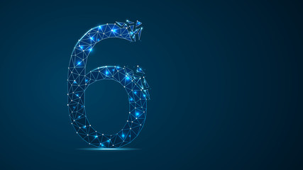 number six 2D low poly abstract illustration consisting of points, lines, and shapes in the form of planets, stars and the universe. Raster digit 6 wireframe concept.