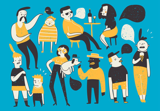 Various doodle people doing stuff. Different cute funny characters in conversation. Kids, adults. Hand drawn vector set. Colored trendy illustration. Flat design. Cartoon style. Everything is isolated