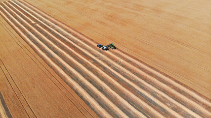 Fototapeta premium Harvester and tractor in a field harvesting wheat. Aerial view from drone.
