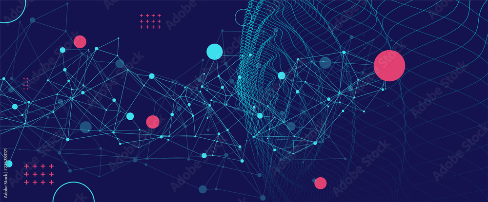 Poster Template for science and technology presentation. Plexus style background.