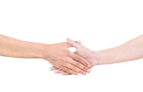 Interracial handshake as a symbol of friendship, partnership and unity on a white background