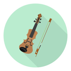 flat icon of old wooden beautiful violin with bow