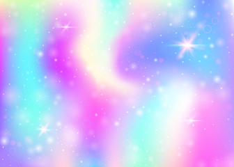 Magic background with rainbow mesh. Cute universe banner in princess colors. Fantasy gradient backdrop with hologram. Holographic magic background with fairy sparkles, stars and blurs.