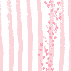 Wedding glitter confetti with hearts on pink stripes. Random falling sequins with glossy sparkles. Design with pink wedding glitter for party invitation, banner, greeting card, bridal shower.