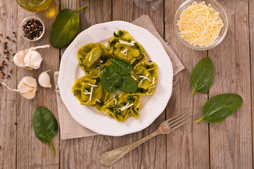 Spinach ravioli with ricotta cheese filling.