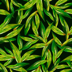 Obraz na płótnie Canvas Gouache seamless green tea leaves on a dark background