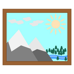 Fototapeta premium flat icon of landscape picture with the sun the mountains river and forest