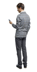 Back view of a businessman who is looking into the smartphone.