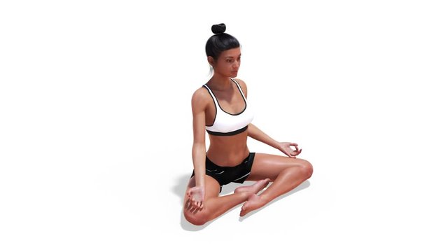 Woman in a Yoga Easy Pose in Rotation with a White Background