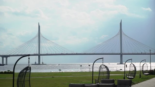 Suspension modern bridge in a city