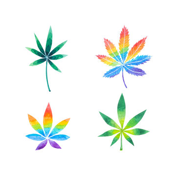 set di foglie di cannabis colorate acquerello sfondo bianco