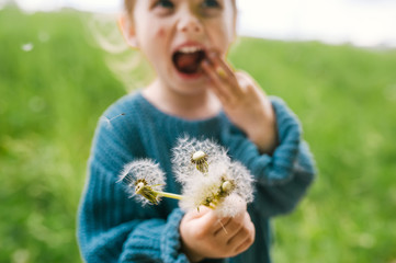 Happy child blowing dandelion outdoors in summer park. Selective focus in dandelion