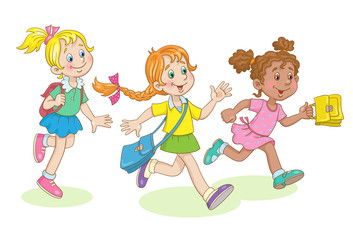 Three cute little girls running to school. In cartoon style. Isolated on white background. Vector illustration.
