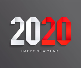New 2020 year paper greeting card on dark background made in origami style with red number 20. Perfect for presentations, flyers and banners, leaflets, postcards and posters. Vector illustration.