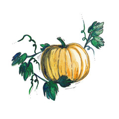 Yellow autumn pumpkin with leaves