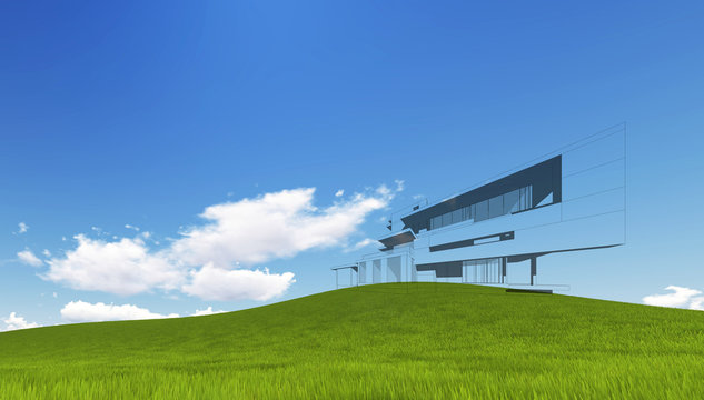 Wireframe Building on green grass and blue sky. Extremely high detailed quality render. Copyspace. Green landscapes collection