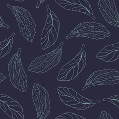 Line art style falling leaves vector seamless pattern black background, wallpaper, fabric, illustration