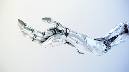 Silver robotic arm in stretched pose, 3d rendering