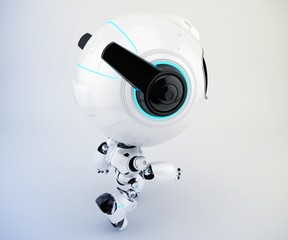 Black and white robot pr manager backwards, unusual robotic character with funny prick-ears, 3d rendering