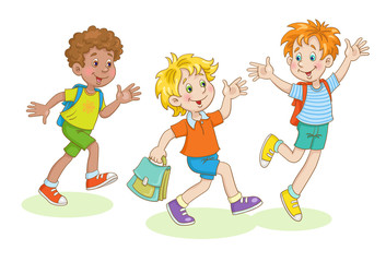 Three funny boys running to school. In cartoon style. Isolated on white background. Vector illustration.
