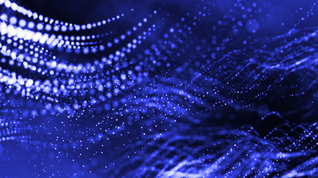 Glow particles are in air as science fiction of microcosm or macro world or sci-fi. 3d rendering of abstract blue composition with depth of field and glowing particles in dark with bokeh effects. 11 © Green Wind