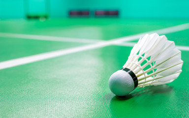 White badminton shuttlecock light shading with white line on a green floor at indoor badminton court. 