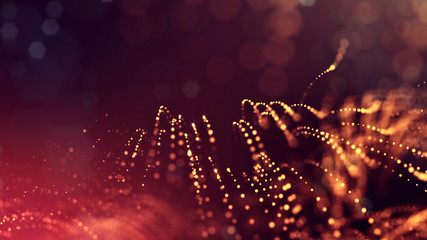 Obraz premium Glow particles are in air as science fiction of microcosm or macro world or sci-fi. 3d rendering of abstract composition with depth of field and glowing particles in dark with bokeh effects. Gold 3