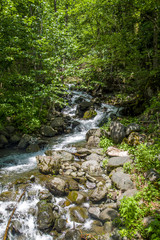 Spray and foam of a mountain river. The picturesque nature of the Mountains