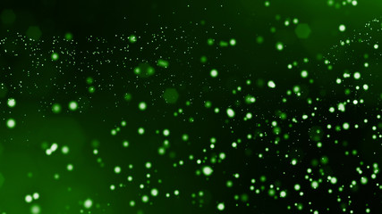 Glow particles are in air as science fiction of microcosm or macro world or sci-fi. 3d rendering of abstract green composition with depth of field and glowing particles in dark with bokeh effects. 17