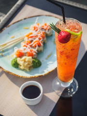 Sushi rolls with ginger wasabi on the table of restaurant