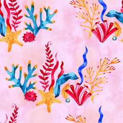 High quality watercolor seamless pattern with underwater life objects. It can be used for wallpaper, background, print, textile design, wrapping paper, cover.