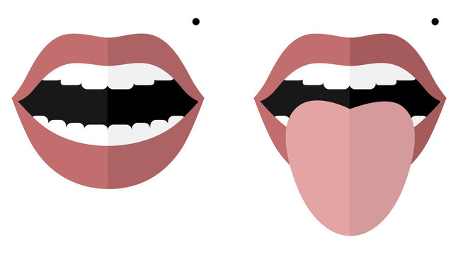 Smile with open mouth and a mole on the left cheek. Monroe Marilyn. Open mouth and tongue sticking out. Changes in color and appearance in diseases. Vector image. Flat design.