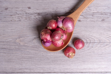 Red Onion. Shallot in wooden spoon