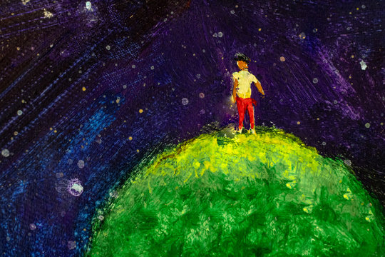 Little boy, young man, prince is standing on small green planet in blue starry space cosmos. Fantastic art concept for fairy tale, illustration for book - original painting