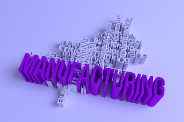 Manufacturing, business keyword and words cloud. For web page, graphic design, texture or background. 3D rendering.