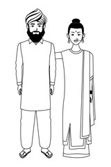 indian couple avatar cartoon character in black and white