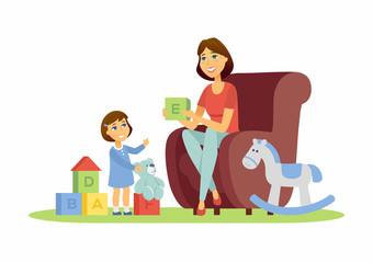Mother and daughter - cartoon people characters illustration