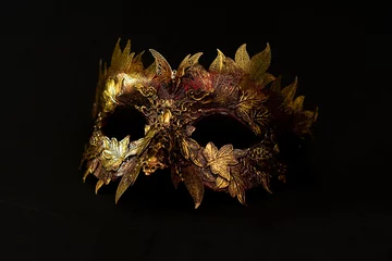 Poster Venetian mask in gold and red with metallic pieces in the form of leaves. original and unique design, handmade crafts © Fernando Cortés
