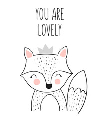 Vector poster with cute hand drawn fox and slogan