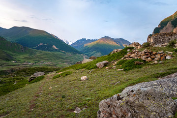 View of ruins of medieval tombs in City of Dead near Eltyulbyu, Russia